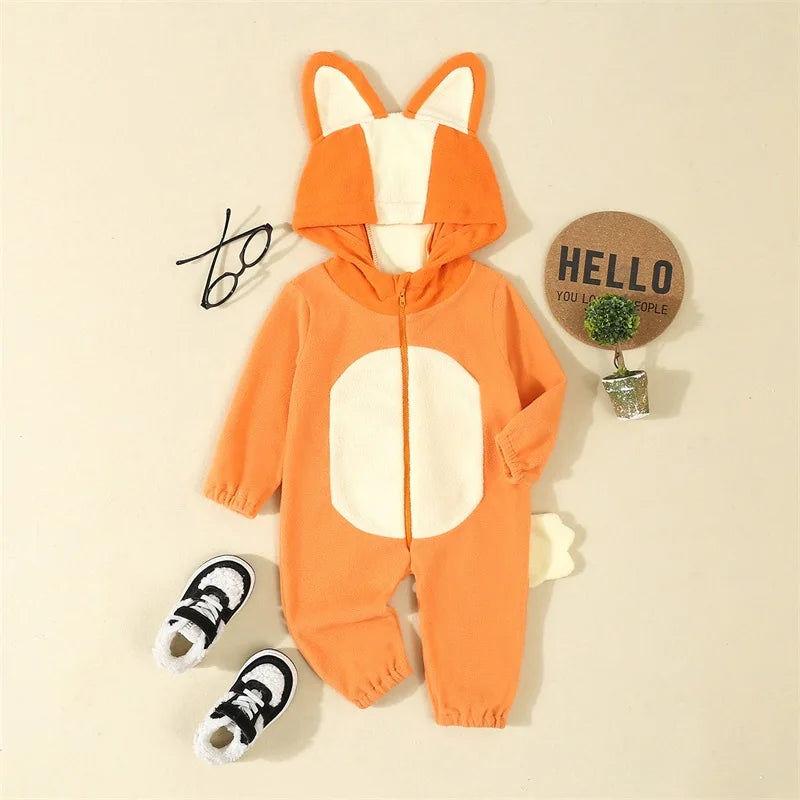"Toddler Dog Costume Jumpsuit – Cartoon Blue & Orange Hooded Outfit (1–4Y)"