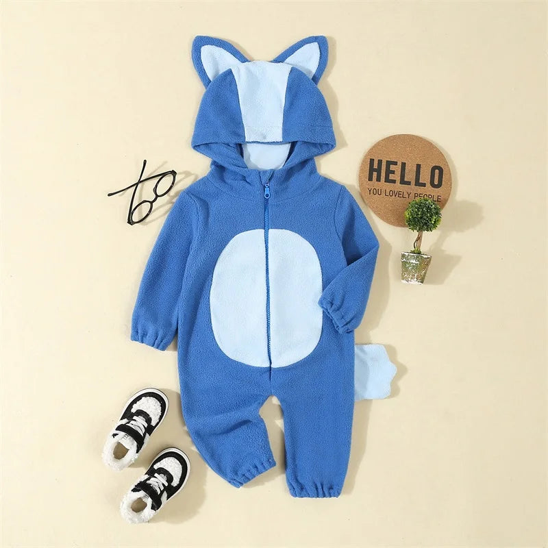 "Toddler Dog Costume Jumpsuit – Cartoon Blue & Orange Hooded Outfit (1–4Y)"