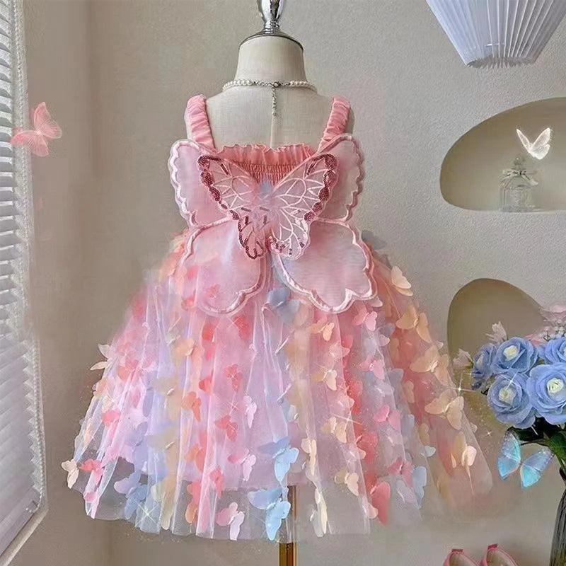 "Girls Birthday Party Dress with Butterfly Wings – Colorful Toddler Costume"