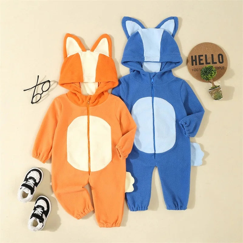 "Toddler Dog Costume Jumpsuit – Cartoon Blue & Orange Hooded Outfit (1–4Y)"