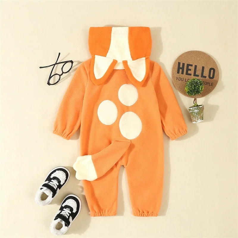 "Toddler Dog Costume Jumpsuit – Cartoon Blue & Orange Hooded Outfit (1–4Y)"